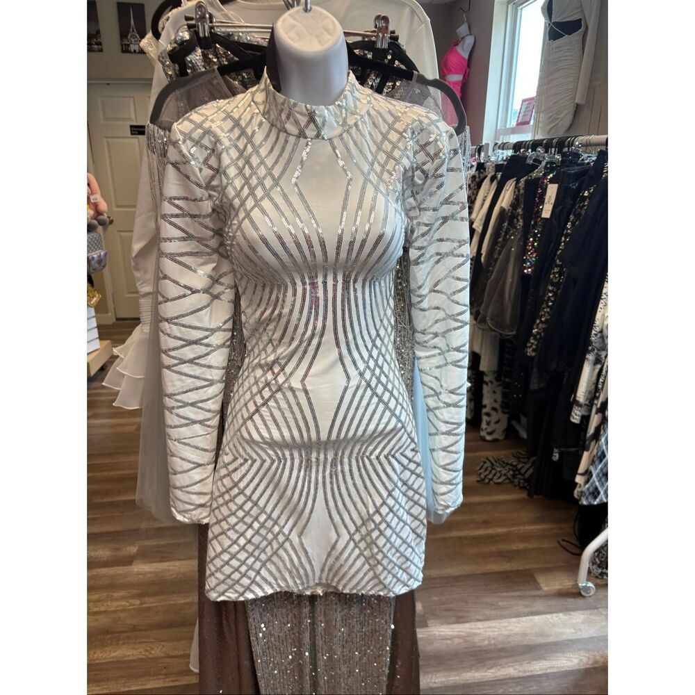 White and Silver Sequin Embellished Dress